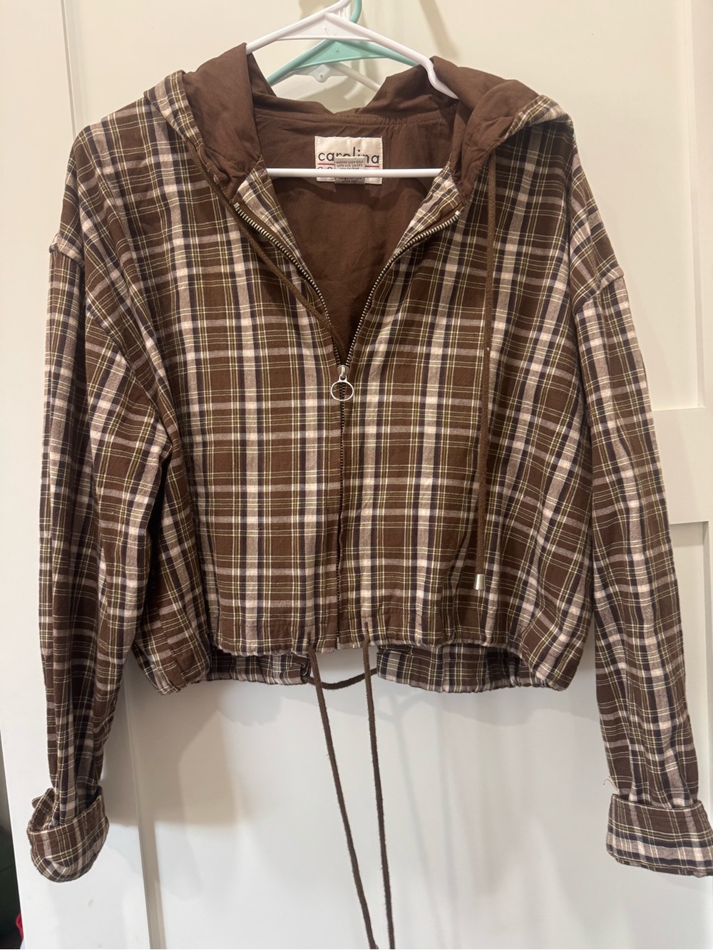 Vintage Plaid Brown Cropped Hoodie Zip Up Jacket, Carolina Colours Size M